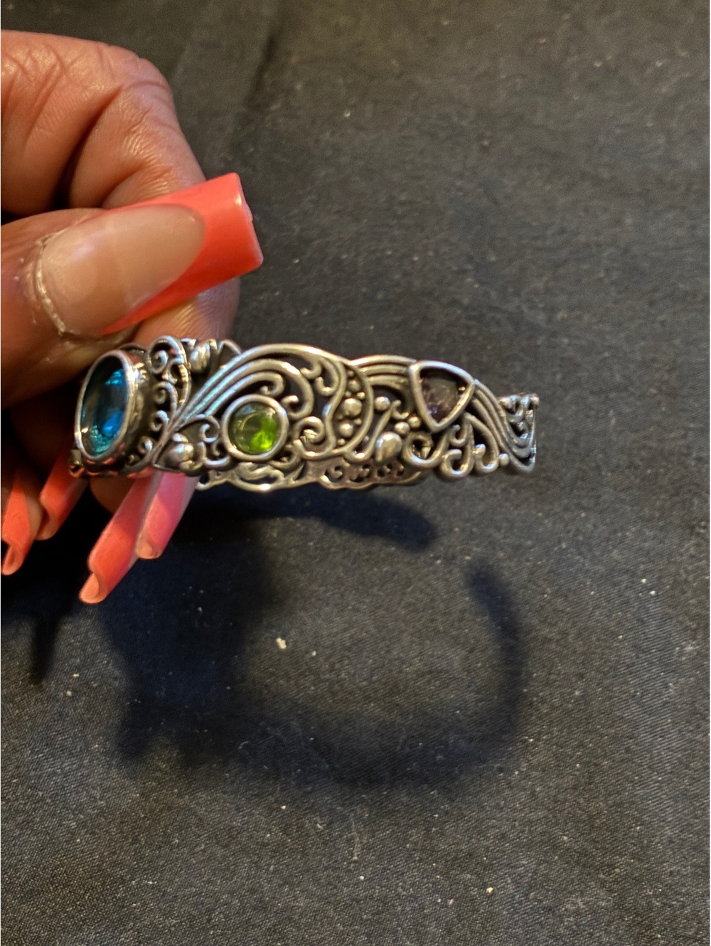Ornate Filigree Wave Cuff Bracelet Blue Green Purple Stones Sterling Plated